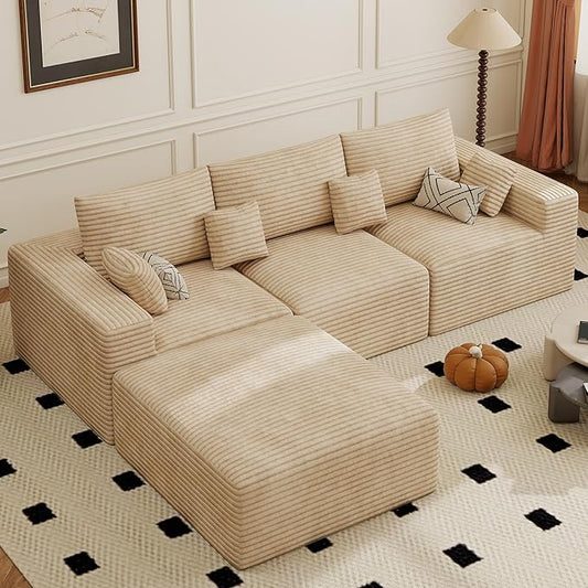 113" Modular Sectional Sofa, Convertible L-Shaped Cloud Couches for Living Room with Ottoman, 4 Seater Corduroy Boneless Couch Sofa Set, No Assembly Required, Khaki 1 PCS