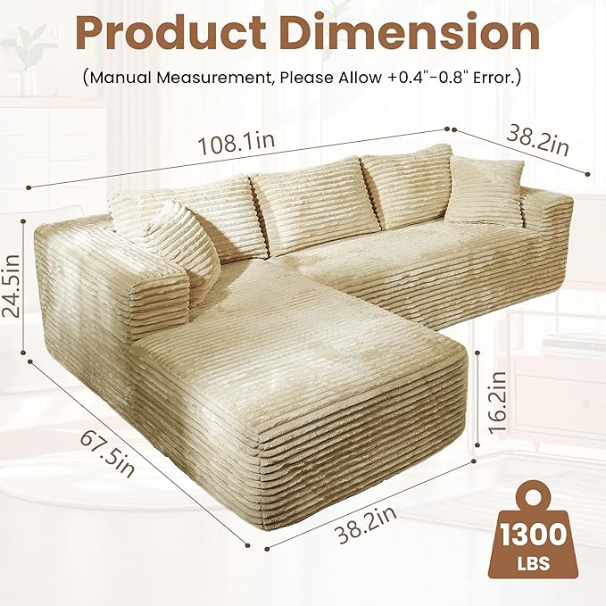 Bashaw 108" Cloud Sectional Couch Sofa with L-Shape Chaise, Modern Modular Sofa Couch Upholstered Couches for Living Room Bedroom, No Assembly Required (Beige, L Shape)