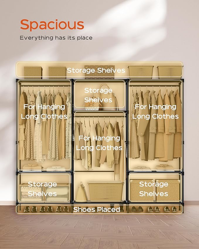 Clothes Rack, Portable Closet, 81.1 Inch Large Capacity Wardrobe Closet, Clothes Storage Organizer with Shelves and 3 Hanging Rods, Easy to Assembly, Black PCT033B01