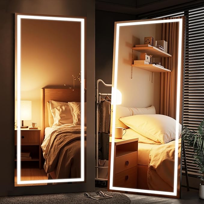 Full Length Mirror with Lights, 79" x 32" Large LED Lighted Floor Standing Body Mirror, Dimmable & 3 Color Lighting for Bedroom, Cloakroom, Dressing Room, Leaning & Hanging, Square Black