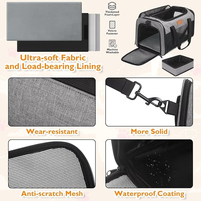 PETUX Pet Carrier Airline Approved - 17"x11"x9.5" Cat Travel Carrier with Litter Box for Small Cats up to 12 lb - Top Open Portable TSA Approved Pet Carrier in Cabin for Travel and Vet Visit - Grey