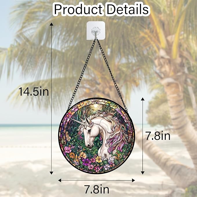 Stained Glass Window Hanging, Unicorn Flowers Suncatcher for Doors Home Sun Catchers Decoration and Christmas, Mother's Day Birthday Gifts for Women, Men, and Mom 7.8 in