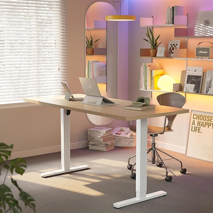 HUANUO Electric Standing Desk, 55 x 24 Inch Height Adjustable Computer Desk with Storage Bag, 4 Height Memory Settings, Sit Stand Up Desk for Home Office, Light Walnut