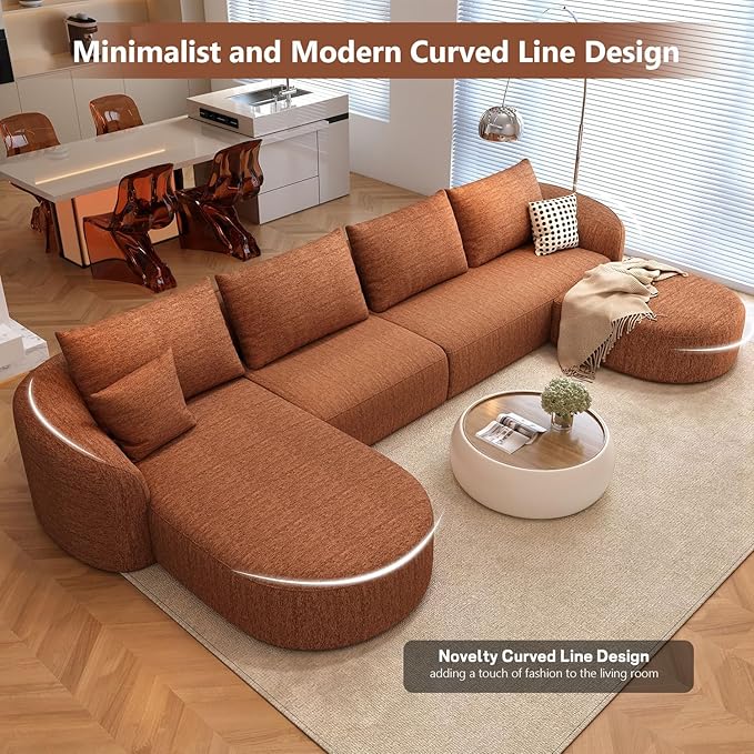 138.6" Modular Sectional Couches Luxury Modern Curved Back U-Shape Sofa Set with Ottoman,Minimalist Comfy Boneless Cloud Couch for Living Room Apartment,(Left Facing Chaise,Orange)
