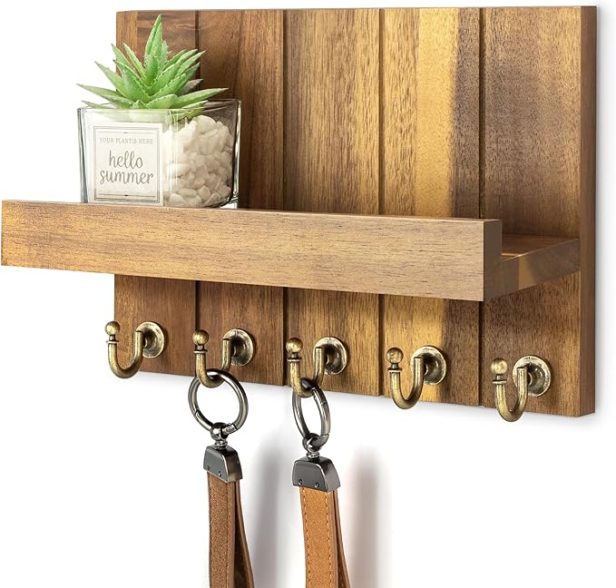 Rebee Vision Acacia Wood Key Holder Wall Mount – Farmhouse Key Holder for Wall & Mail Organizer with Shelf for Home Decor – Ideal for Apartment Essentials (Acacia Wood, 3.54" x 10" x 7.28")