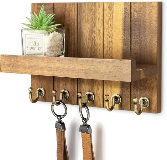 Rebee Vision Acacia Wood Key Holder Wall Mount – Farmhouse Key Holder for Wall & Mail Organizer with Shelf for Home Decor – Ideal for Apartment Essentials (Acacia Wood, 3.54" x 10" x 7.28")