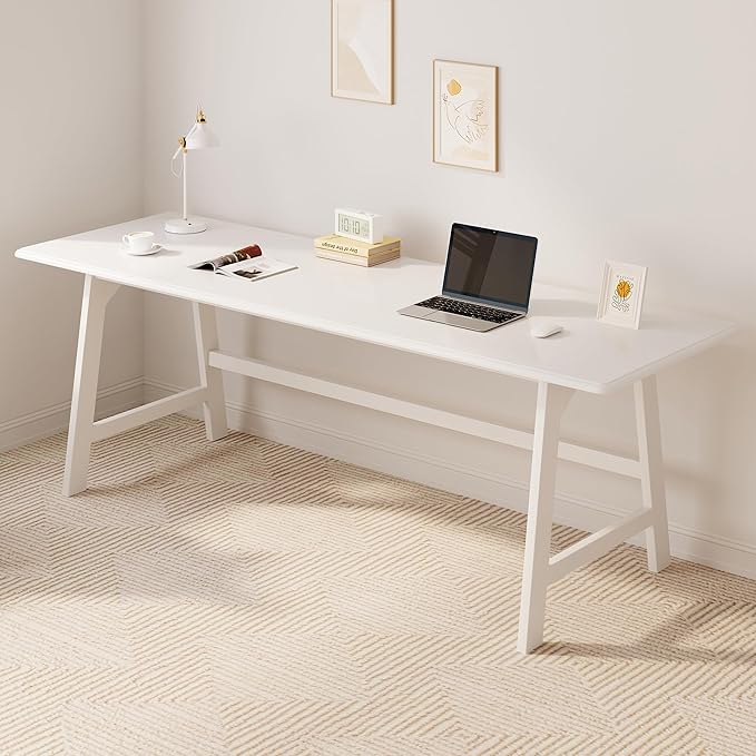 IOTXY Solid Wood Writing Table - 72" W x 24" D Minimalist Long Computer Desk for Home Office, Work, Study, Creativity, and PC Workstation, White