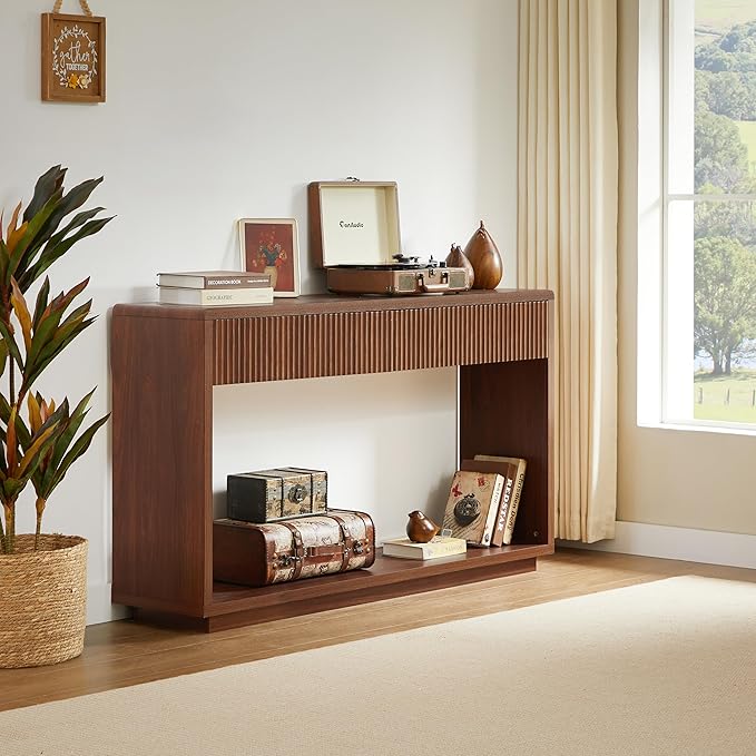59" Rustic Flute Console Table with 2 Drawers, Modern Farmhouse Entrance Table, Sofa Table for Behind Sofa, Hallway Table with Storage Compartment, Suitable for Hallway and Living Room,Walnut