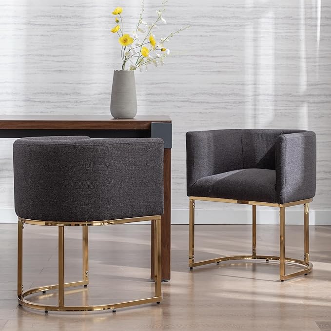 Linen Fabric Dining Chairs Set of 6 Modern Barrel Arm Chairs with Black Frame, Upholstered Kitchen Chairs 18.5" Wide Accent Chairs for Living Room Dining Room Restaurant, Charcoal