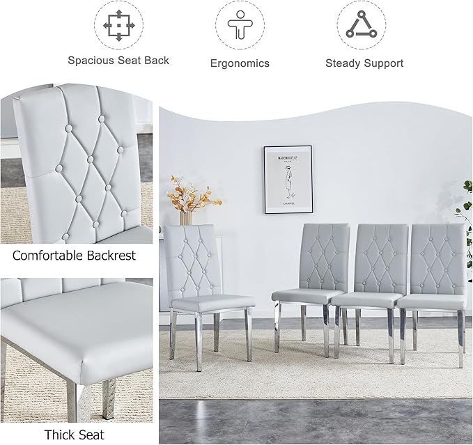 Modern Dining Table Set for 4,Dining Room Table Set for 4,Kitchen Table Set with 4 PU Leather Chairs,63'' Glass Dining Table Set with Silver U-Shaped Table Legs and Rectangular Base