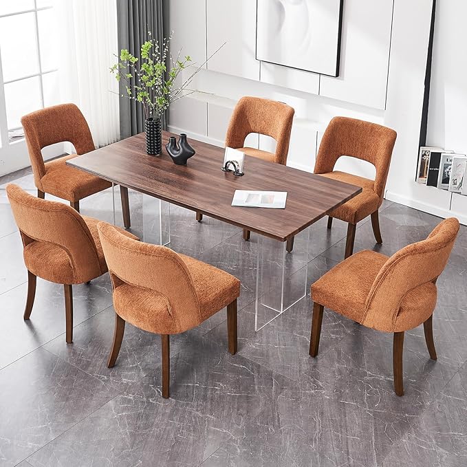 VKNOW Wooden Dining Chairs Set of 2, Modern Fabric Upholstered Dining Room Chair Kitchen Chairs, Farmhouse Dinner Chair for Kitchen Dining Room, Orange