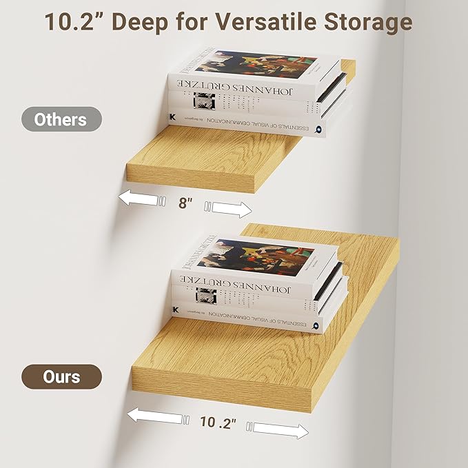 Vivelove 10" Deep Floating Shelves Over Toilet, 16" Wall Shelves for Bathroom Bedroom Kitchen Living Room Laundry Room, Modern Rustic Shelves for Home Decor, 16"x10.2"x1.5", Set of 2, Oak