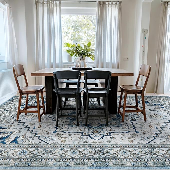 Area Rugs for Living Room 10x12 - Large Machine Washable Vintage Oriental Soft Rug, Low Pile Thin Carpet with Non Slip Backing for Bedroom, Dorm, Under Dining Room Table, Indoor House, Office Decor