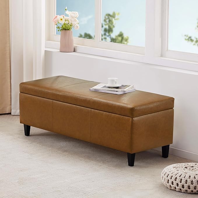 HUIMO Faux Leather Storage Ottoman Bench 50.3 Inch Extra Long PU Upholstered Bedroom Bench with Large Storage Space for The Living Room, Entryway, Bedroom Hold Up to 300lbs (Light Brown)