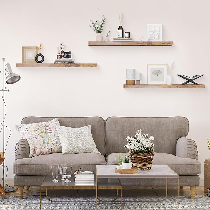 Colima Bathroom Floating Shelves for Wall, 36" Floating Wall Mounted Shelf, Rustic Wood Storage Display Shelves for Home Organization, Bathroom, Kitchen, Living Room (Set of 3, Rustic Brown)