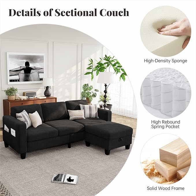 Small Sectional Couch, L Shaped Sectional Black Couch in a Box, Small Couches with Ottoman, 3 Seater Sofa for Living Room, Apartment, Dorm, Office
