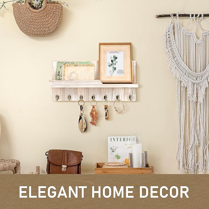 Rebee Vision Farmhouse Key Holder Wall Mount with Mail Organizer - Rustic Key and Mail Holder for Wall with Shelf and 7 Key Hooks - Wooden Apartment Essentials for Room Decor Aesthetic (Natural Wood)