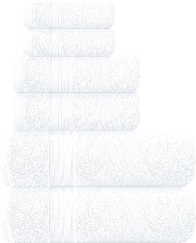 BOUTIQUO 6 Pack Cotton Towel Set, Contains 2 Bath Towels 27x54 inch, 2 Hand Towels 16x24 inch & 2 Wash Coths 12x12 inch, Ideal Everyday use, Ultra Soft Compact & Lightweight - White