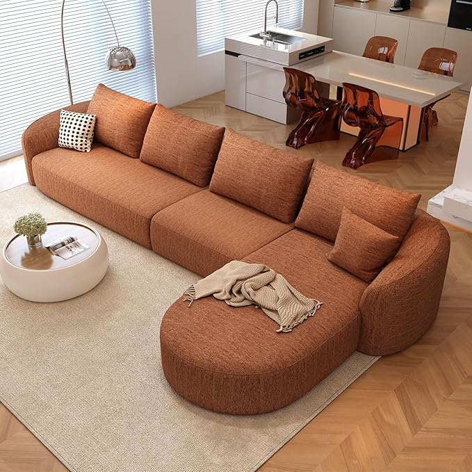 138.6" Modular Sectional Couches Luxury Modern Curved Back Sofa,Minimalist Comfy L-Shape Boneless Cloud Couch for Living Room Apartment,(Right Facing Chaise,Orange)