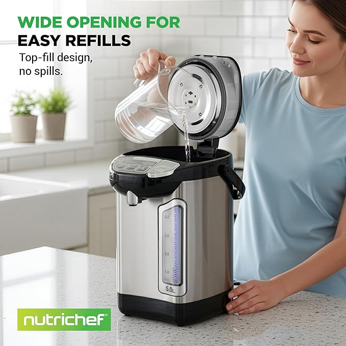 NutriChef Electric Water Boiler and Warmer - 5L/5.28 Qt Stainless Steel Hot Water Dispenser w/Rotating Base, Keep Warm Temperature Set, Auto Shut Off, Safety Lock, Instant Heating for Coffee & Tea