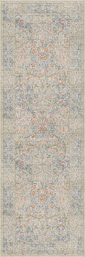 Washable Bathroom Runner Rug 2x6 - Long Runner Rugs for Laundry Room, Bedroom, 24 x 72 Kitchen Floor Mat - Non Slip Vintage Design Décor, Beige Blue