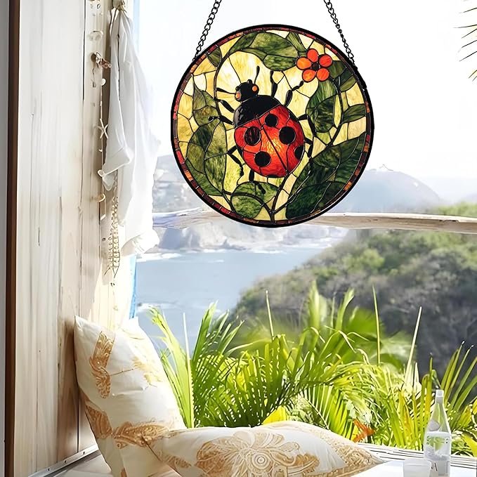 Stained Glass Window Hanging - Red Ladybug Green Plant Flower Sun Catcher for Door Home Decor Insect Suncatcher Christmas Mother's Day Birthday Gifts for Women Men Mom Nana 15 in