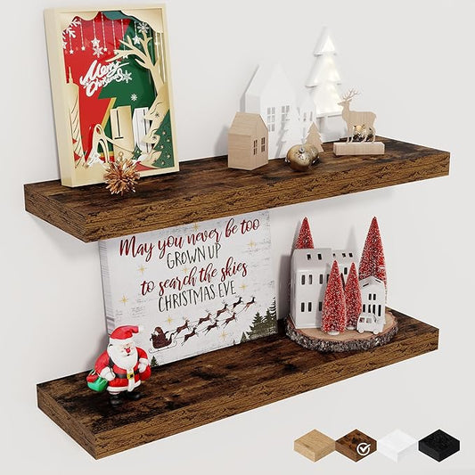 Fun Memories Floating Shelves for Wall, 22.5" Rustic Wood Deep Wall Mounted Shelves with Invisible Brackets for Decor & Storage, Floating Shelf for Living Room, Bathroom (Rustic Brown, Set of 2)