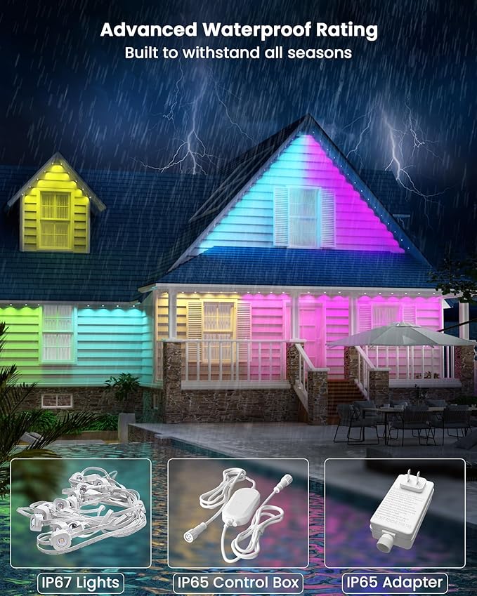 Gefolly Permanent Outdoor Lights Pro, 100ft with 60 RGBW Double-LED Lights 111 Scene Modes for Daily, Halloween, Christmas, IP67 Waterproof for Outdoor Decor, Works with Alexa, Google Assistant, White