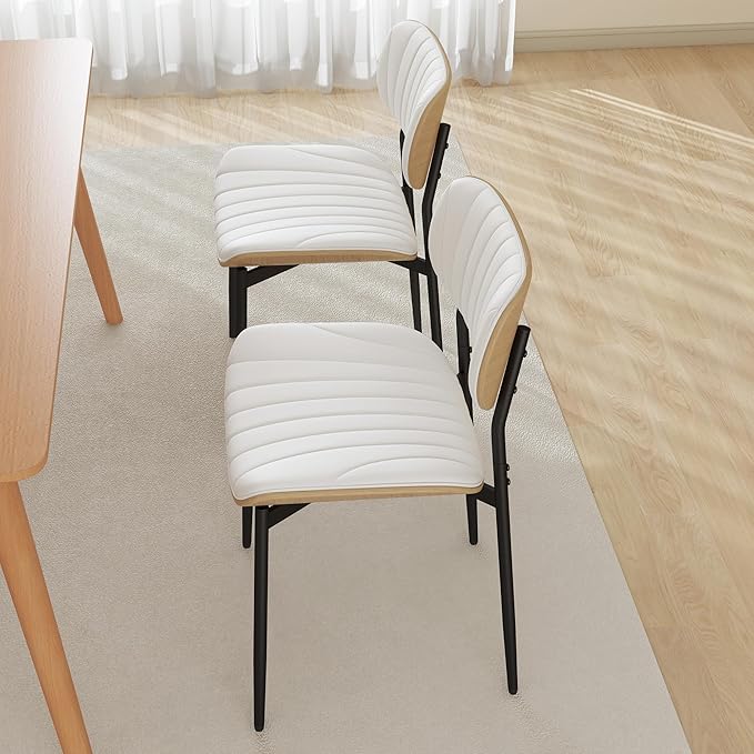 Modern PU Leather Dining Room Chairs Set of 2, Upholstered Kitchen Chairs with Curved Wood Backrest and Metal Legs Adjustable Feet for Kitchen Dining Room(White)