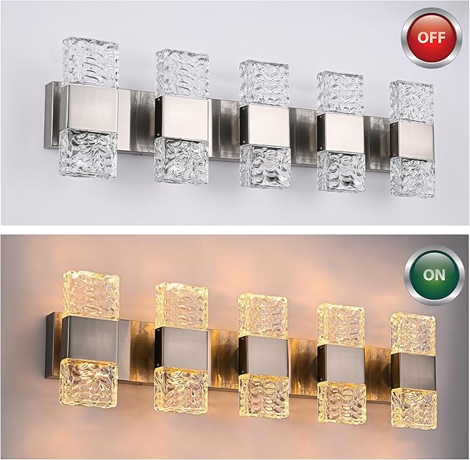 MELUCEE 30.3 in LED Bathroom Lighting Fixtures Dimmable 40W LED Vanity Light Brushed Nickel Modern Bathroom Light Bar Crystal Wall Sconce for Bath Restroom Powder Room, 3000K Warm Lighting