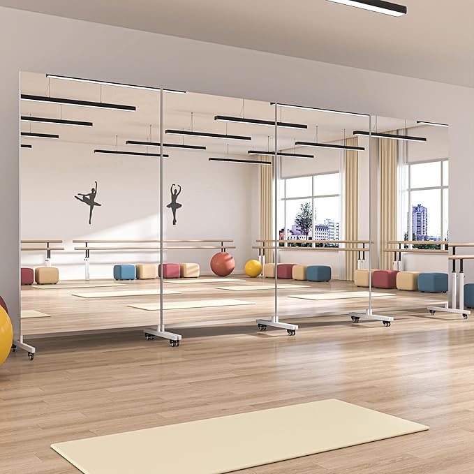 Hasipu Home Gym Mirror 360° Swivel on Wheels, 74.8" x 40" Extra Large Full Body Rolling Mirror for Yoga Studio, Bedroom, Dancing Studio, White
