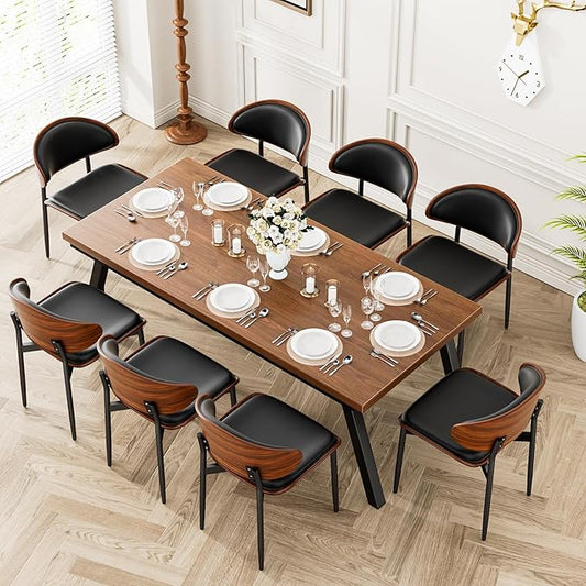 Dining Chairs Set of 8, Dining Room and Kitchen Chairs, Mid Century Modern Retro Chair, Upholstered PU Leather Chairs for Vanity with Walnut Bentwood and Metal Legs (Black)