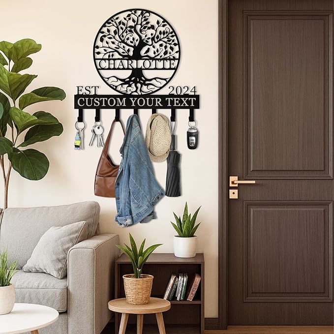 Personalized Metal Key Holder Wall Mount, Custom Name Tree of Life Key Holder for Wall, Key Organizer Rack with Hooks, Home Decor for Living Room Entryway Bathroom Kitchen, Housewarming Gifts Color03