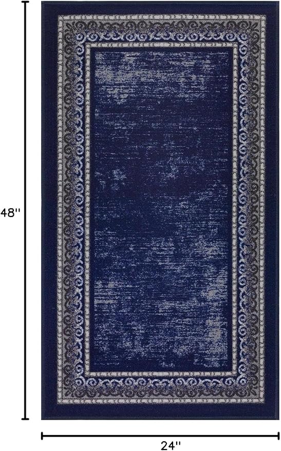 Antep Rugs Alfombras Bordered Modern 2x4 Non-Slip (Non-Skid) Low Pile Rubber Backing Kitchen Area Rug (Navy, 2'3" x 4')