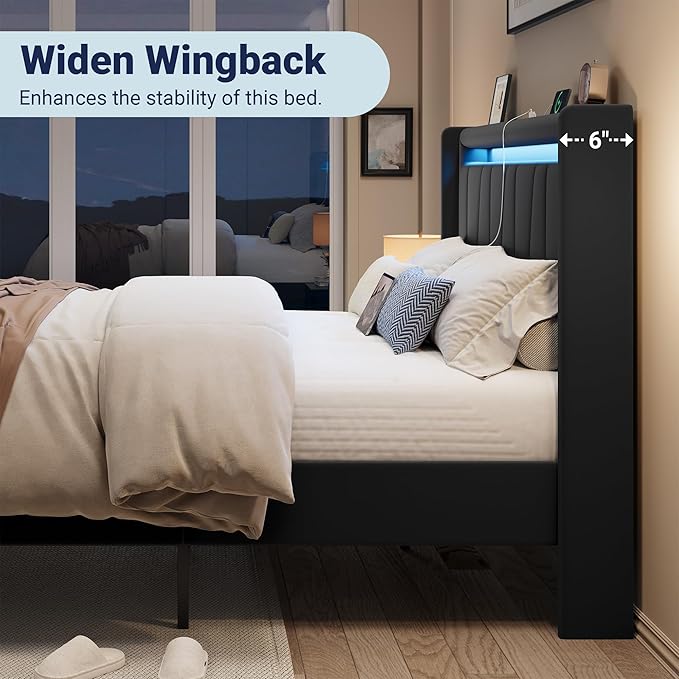 Allewie Full Size LED Bed Frame with Charging Station, Velvet Upholstered Platform Bed with Geometric Wingback Headboard, Modern Frame with No Box Spring Needed, Easy Assembly, Black