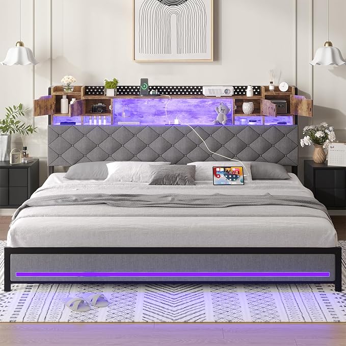 King Bed Frame with Upholstered Headboard, Bed Frame King Size with Hidden Storage,3-Tier Storage Shelves, LED Lights and Charging Station, King Bed with Noise-Free, No Box Spring Needed, Gray