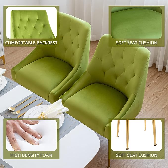 Modern Dining Chair Set of 2, Mid-Century Room Chair, Upholstered Comfortable Velvet with Back Pull Rod and Metal Legs for Kitchen, Living (Yellow-Green), (DYXSD)