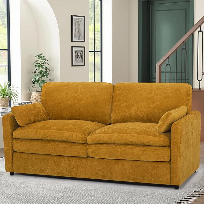 69” Chenille Loveseat Sofa w/Arm Pillows, Upholstered 2-Seater Sofa w/Comfortable Back Cushions, Modern 2 Seats Couch w/High-Density Foam for Living Room, Apartment, Office, Yellow