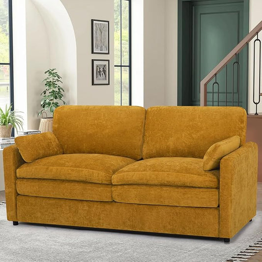 69” Chenille Loveseat Sofa w/Arm Pillows, Upholstered 2-Seater Sofa w/Comfortable Back Cushions, Modern 2 Seats Couch w/High-Density Foam for Living Room, Apartment, Office, Yellow