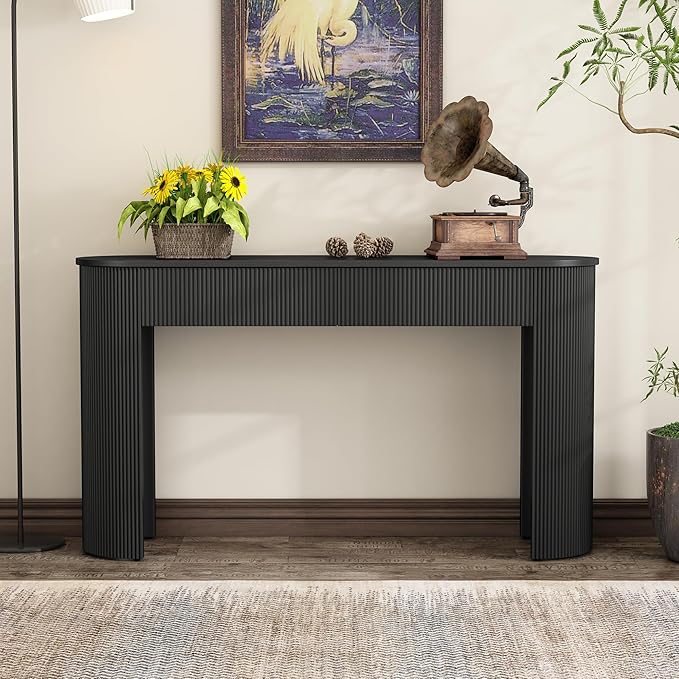 Modern Fluted Console Table 54-Inch Oval Entry Sofa Table with Storage Drawers for Living Room Entryway Hallway Furniture, Black