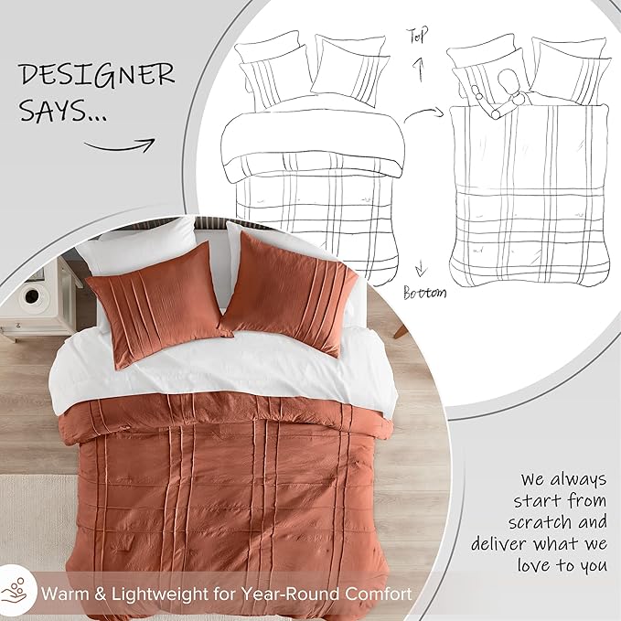 Comfort Spaces Clay Queen Size Comforter Set - 3 Pieces Pintuck Pleated Bedding Sets, All Season Lightweight, Extra Softness Pre-Washed Microfiber Queen Bed Set, Shams, Queen