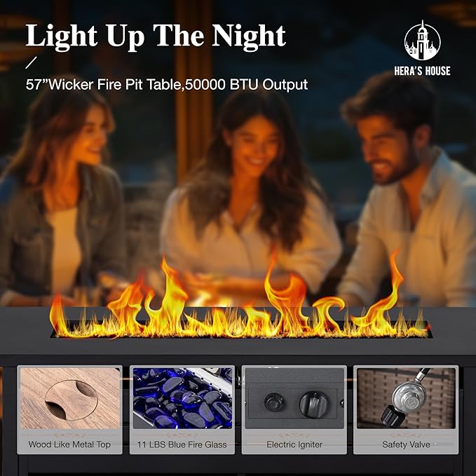 HERA'S HOUSE HDPE Patio Furniture Set, 4-Piece Outdoor Wicker Conversation Couch Set with 57" Fire Pit Table and Thick Cushion, All-Weather Patio Sofa Set for Backyard Garden Deck