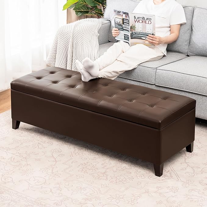 Joveco Storage Ottoman Bench, 51 Inch Leather Tufted Bench for End of Bed, Bedroom, Living Room, Brown