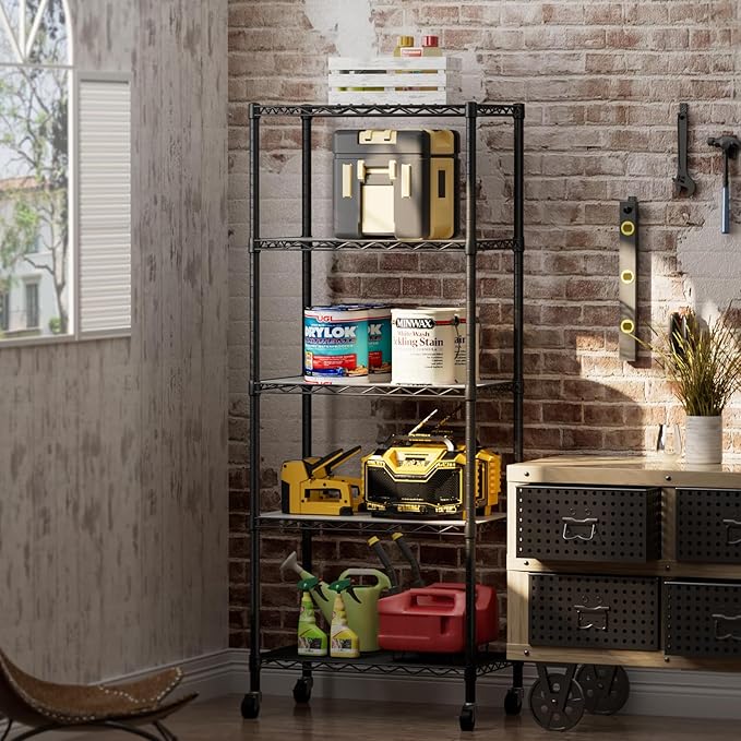 5 Tier Shelves Storage Shelf Wire Closet Bathroom Organizers Metal Pantry Kitchen Garage Shelving Unit Laundry Room Organization Home Rack Net Basket Black with Wheels 14”D X 24”W X 61”H