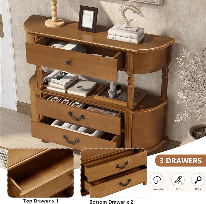 Amposei Retro Curved Entryway Console Table 43’’ Wood Half Moon Slim Entry Sofa Table with Drawers and Storage Shelf for Living Room Entrance Hallway Bedroom, Brown