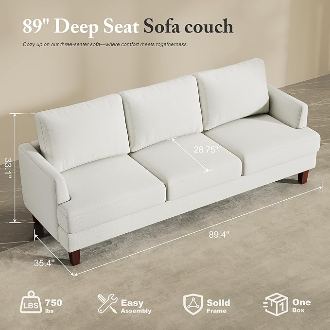3 Seater Sofa Couch with Deep Seats, 89" Mid Century Modern Upholstered Sofa with Armrests, Comfy Couches for Living Room, Bedroom, Apartment and Office (Beige)