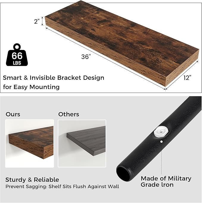 Floating Shelves for Wall, 36 Inch Wide x 12 Inch Deep Floating Shelves, Long Wood Floating Wall Shelf Shelves for Living Room Bathroom Bedroom Kitchen Home - (Brown, 36" W x 12" D x 2" H)