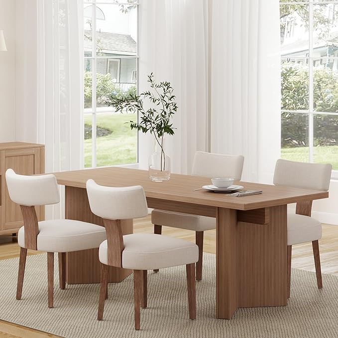 Mid Century Modern Dining Chairs Set of 4 Upholstered Linen Fabric Dining Chairs Curved Backrest Farmhouse Dining Room Chairs Kitchen Chairs with Wood Legs, Beige