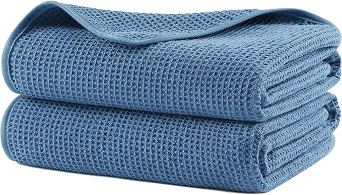POLYTE 380 GSM Microfiber Oversize Quick Dry Lint Free Waffle Bath Towel for Body, 60 x 30 in, Set of 2