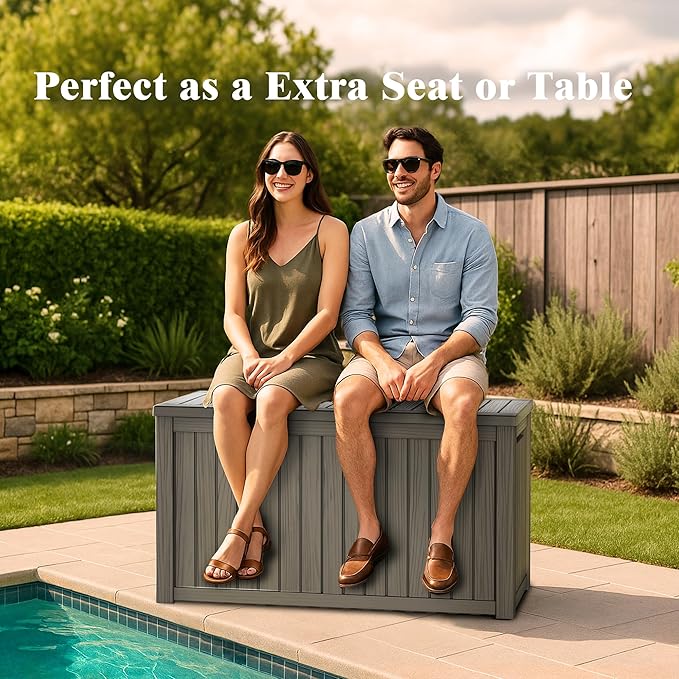 180 Gallon Outdoor Storage Box, Waterproof Deck Box with Handles and Lockable Lid, Resin Patio Storage Box with Hydraulic Rods for Garden Tools, Cushions, Grey